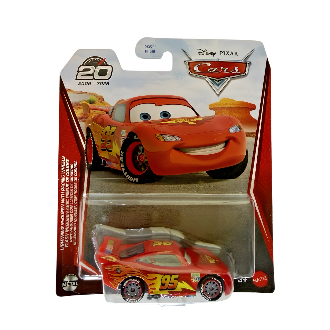 Relâmpago McQueen Com Rodas de corrida Edição de 20 anos Cars Disney Pixar - Mattel Miniatura Carros